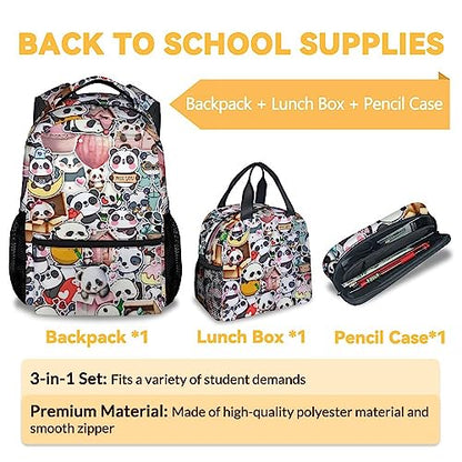 Panda Backpack with Lunch Box And Pencil Case, 16 Inch Panda Theme Bookbag with Adjustable Straps, Durable, Lightweight, Large Capacity, School Backpack for Girls Women - color: Panda4-2