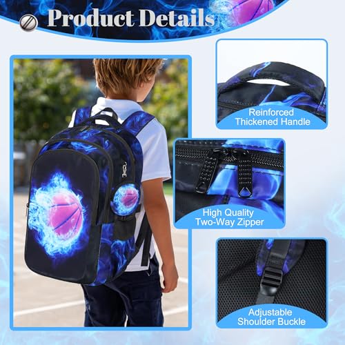 Boys Basketball Backpack with Lunch Box, Kids Backpack Set for School, 17inch Bookbag with Pencil Case Coin Purse Blue - color: Basketball Blue
