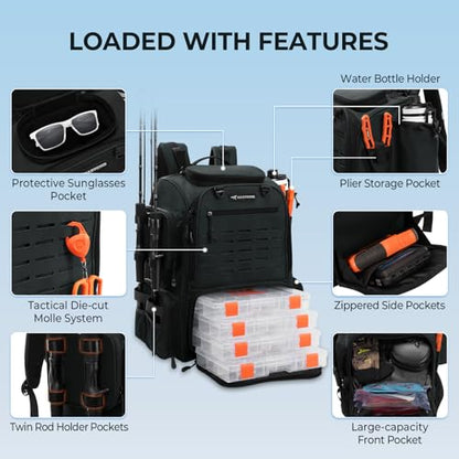 KastKing Bait Boss Fishing Tackle Backpack with Rod Holders-4 Tackle Boxes-Rain Cover,Storage for Fishing Gear - color: E: Black (Aluminum Back Support System)