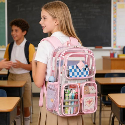 Clear Backpacks for School Heavy Duty Clear Bookbag Stadium Events Transparent Back Pack Kids, Pink - color: Pink
