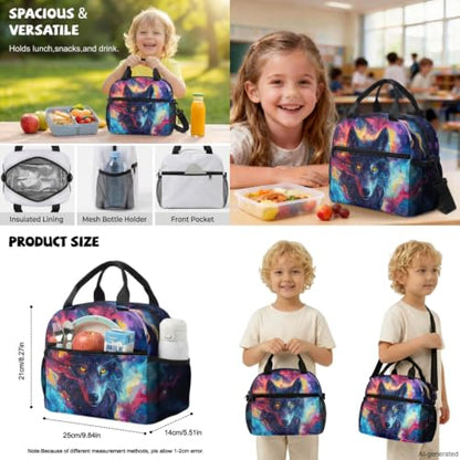 ZDCUSTOM Cosmic Wolf Backpack Sets for Boys, School Backpack with Lunch Box for Kids, Elementary Bookbag with Pencil Case, Water Bottle Sleeves, Keychain, Back to School Gear for Boys Age 8-10 - color: Cosmic Wolf