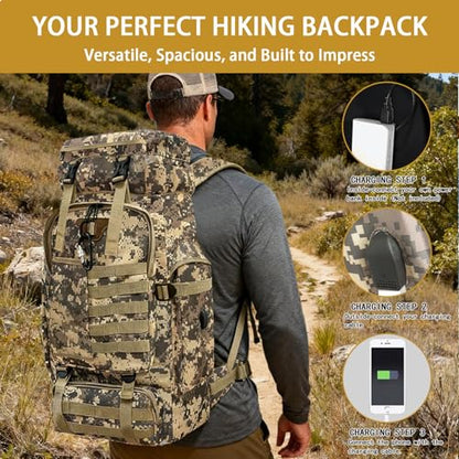 80L Camping Hiking Backpack, Large Military Tactical Backpack with USB Charging Port, Waterproof Travel Daypack With Carabiner Outdoor MOLLE Rucksack for Men Women (Camo) - color: 80l Camo-biner