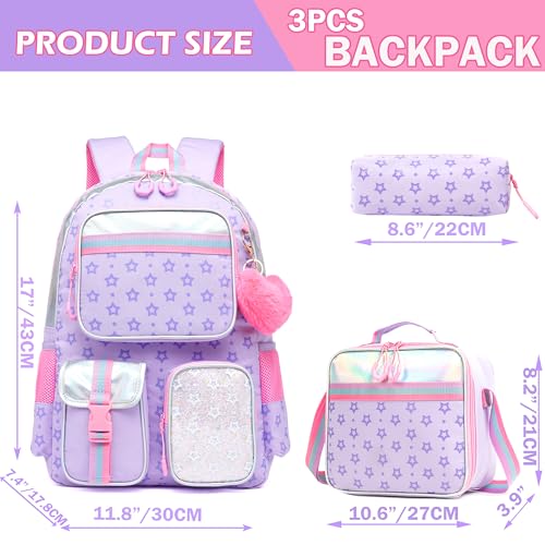Meetbelify Aesthetic Backpack for Girls - School Backpack with Lunch Box for Elementary to Teen Girls, Cute School Bag, Purple - color: Star Purple 3pcs