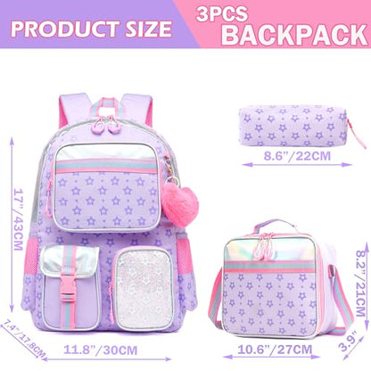 Meetbelify Aesthetic Backpack for Girls - School Backpack with Lunch Box for Elementary to Teen Girls, Cute School Bag, Purple - color: Star Purple 3pcs