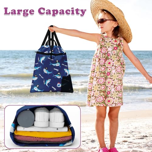 Blue Shark Drawstring Backpack, 15” x 17” Waterproof Swim Bag for Beach Swimming Pool, Lightweight Foldable Gym Bag with Water Bottle Holder for Sports Travel - color: Blue Sharks