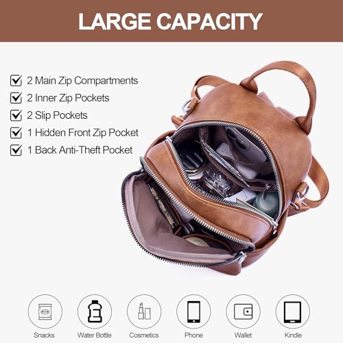 Small Backpack Purse for Women Leather Mini Convertible Designer Backpack Travel Shoulder Fashion Bag Brown - color: Brown
