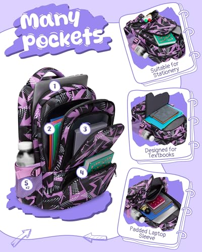 BLUEFAIRY Kids School Backpack for Boys Girls Ages 6-8 8-10 10-12 Elementary Middle School Book Bags with Laptop Compartment Mochilas Escolares para Niños Niñas de 8 10 12 Años (Purple, Geometric) - color: Purple