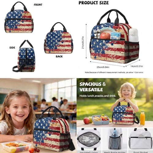 Talayituse American Flag Print 6 Pcs Kids School Backpack Set with Lunch Bag, Pencil Case & Water Bottle Holder, Bookmark & Keychain– for Boys Back-to-School Travel Bapack 4th of July - color: American Flag