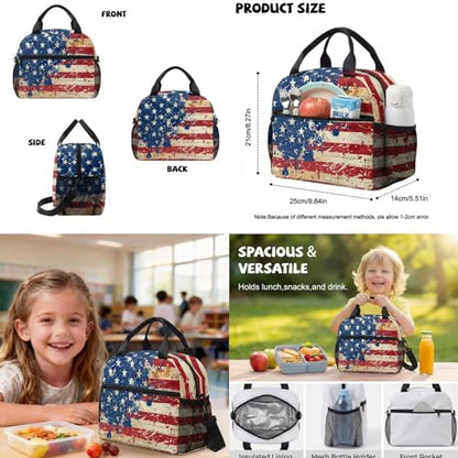 Talayituse American Flag Print 6 Pcs Kids School Backpack Set with Lunch Bag, Pencil Case & Water Bottle Holder, Bookmark & Keychain– for Boys Back-to-School Travel Bapack 4th of July - color: American Flag