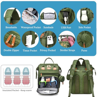 Jeryswet Baby Diaper Bags with Changing Station, Waterproof Large Capacity Diaper Bag Backpack for Moms Dads with USB Charging Port and Stroller Straps, Baby Shower Gifts, Green - color: Army Green