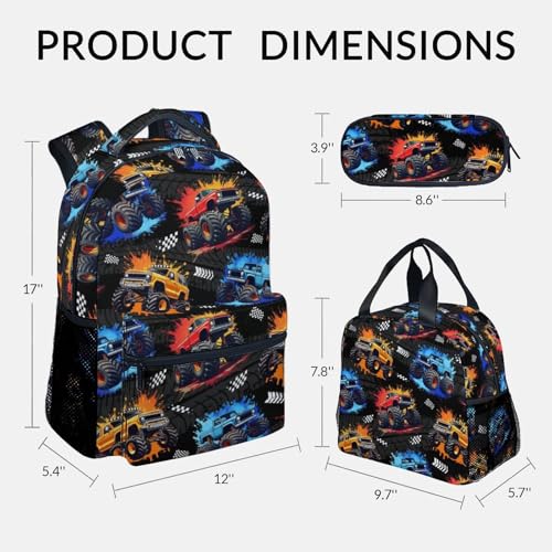 Toddler Backpack Set - 3Pcs Truck Backpacks for Boys - Kids Bookbag with Lunch Box & Pencil Case - Durable School Bag for Kindergarten/Preschool/Elementary (17 Inch) - color: Multicolor