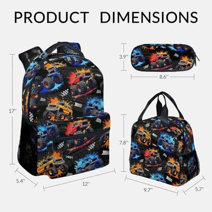 Toddler Backpack Set - 3Pcs Truck Backpacks for Boys - Kids Bookbag with Lunch Box & Pencil Case - Durable School Bag for Kindergarten/Preschool/Elementary (17 Inch) - color: Multicolor