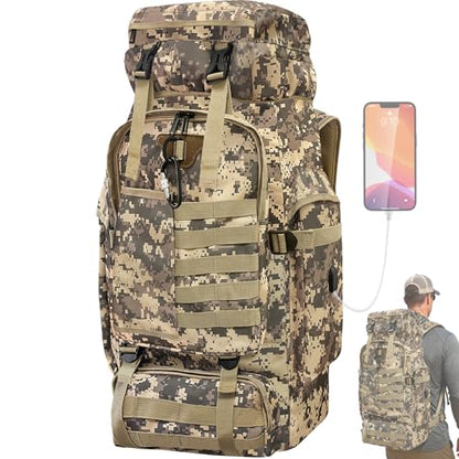80L Camping Hiking Backpack, Large Military Tactical Backpack with USB Charging Port, Waterproof Travel Daypack With Carabiner Outdoor MOLLE Rucksack for Men Women (Camo) - color: 80l Camo-biner