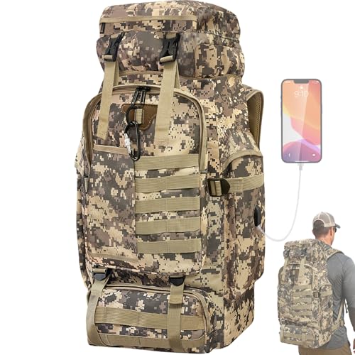 80L Camping Hiking Backpack, Large Military Tactical Backpack with USB Charging Port, Waterproof Travel Daypack With Carabiner Outdoor MOLLE Rucksack for Men Women (Camo) - color: 80l Camo-biner