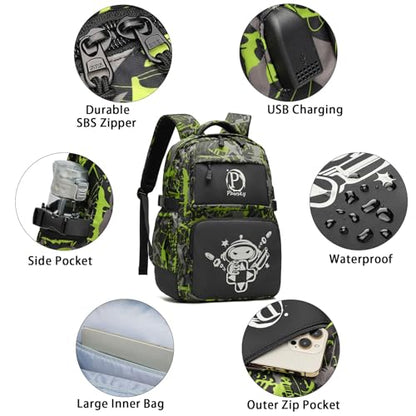 Boys Backpack, Cool Luminous School Backpack with USB Charging Port for Teen Boys, Kindergarten Elementary College Middle School Bookbag Lightweight Laptop Bag with Sling Bag Set, Green - style: Gamer-green02