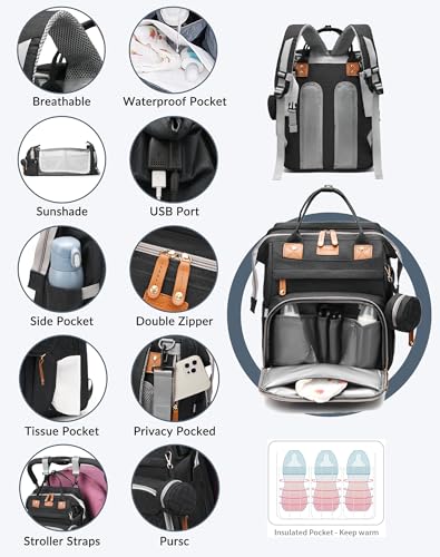 Astro alan Baby Diaper Bag with Changing Station, Waterproof Diaper Bag Backpack for Moms Dads with USB Charging Port, Baby Shower Gifts, Large Capacity diaper backpack, Black - color: Black