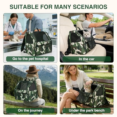 Cat Carrier Backpack Camouflage Cat Backpack Carrier Pet Travel Bag | 3-Sided Breathable Mesh, Foldable & Lightweight, Built-in Safety Leash, Front Pocket Storage, Fits Pets up to 11 lbs
