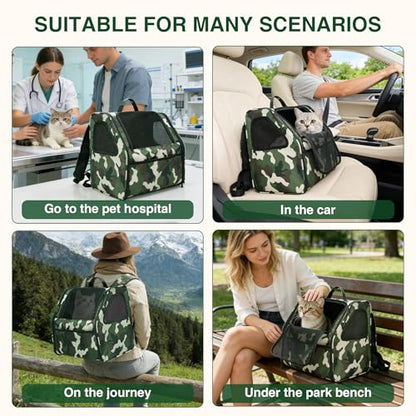 Cat Carrier Backpack Camouflage Cat Backpack Carrier Pet Travel Bag | 3-Sided Breathable Mesh, Foldable & Lightweight, Built-in Safety Leash, Front Pocket Storage, Fits Pets up to 11 lbs