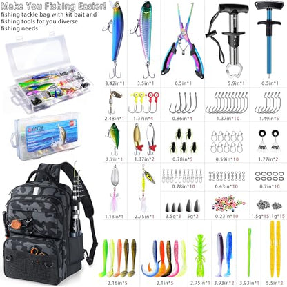 Fishing Backpack with Tackle Boxes and Rod Holder, 24L Fishing Sling Bag with Fishing Lures Kit, Fishing Gear Bag Gifts for Men Women - Camo Black Backpack - color: Camo Black