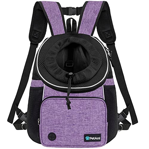PetAmi Adjustable Cat & Dog Chest Carrier Backpack, Ventilated for Hiking & Camping, Max 15 lbs, Purple - color: Purple, size: Large (15.5x9x18)