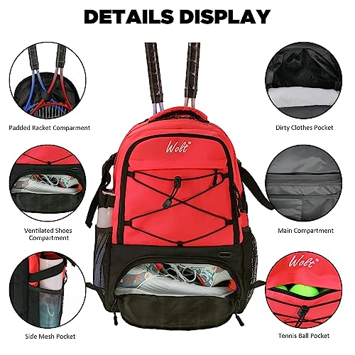 WOLT Tennis Bag - Large Tennis Racket Backpack for Men & Women - Ventilated Shoe Compartment - Holds 2 Rackets - color: Red