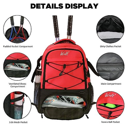 WOLT Tennis Bag - Large Tennis Racket Backpack for Men & Women - Ventilated Shoe Compartment - Holds 2 Rackets - color: Red
