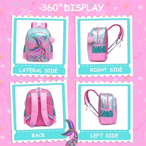 Mermaid Backpacks for Girls Backpack for School Elementary Students Kids Backpack with Lunch Box Cute Backpacks for School Girls 8-12 - color: Pink Blue Mermaid