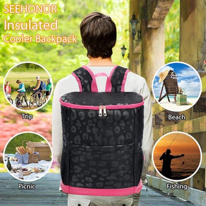 Leopard Camping Cooler Backpack Ice Chest Lunch Backpack 24 Cans Insulated Leak Proof Soft Beach Cooler Bag for Men Women Camping Hiking Picnic Travel Summer