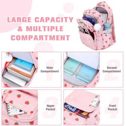 Bevalsa Backpack for Girls, School Bookbag Teen Girls Backpack Set with Bento Lunch Box, Insulated Bag & Pencial Case, 43oz Lunch Containers for Kids Elementary Middle Student (Pink Strawberry) - color: Pink Strawberry