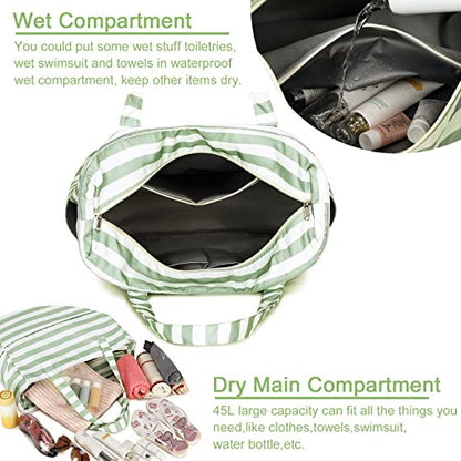 LEDAOU Beach Bag Waterproof Sandproof Women Beach Tote Pool Bag with Zipper for Swim Gym Grocery Travel with Wet Pocket | Sandproof - color: Green White Stripes