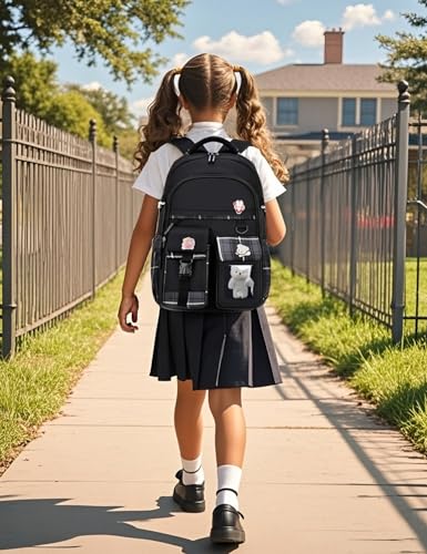 Girls Backpack with Lunch Box Cute School Backpack for Girls Kids Teens Kawaii Bookbag Set for Primary Elementary，Black - color: Black