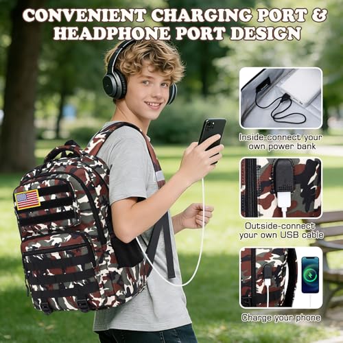 Camo Backpack for Boys, Tactical Boys Backpack with Lunch Box Pencil Case, Kids Backpacks with USB Charging Port, Military Army School Bookbag for Teen Boy Elementary Middle High School Camp - color: Brown-green