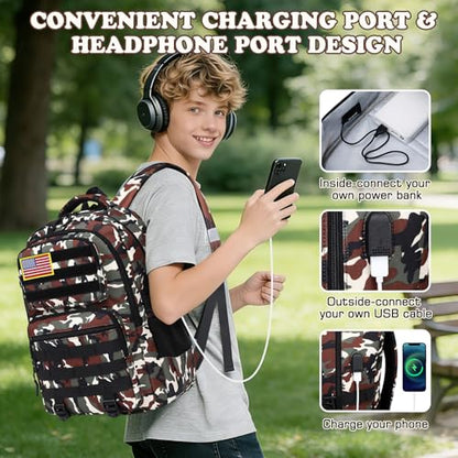 Camo Backpack for Boys, Tactical Boys Backpack with Lunch Box Pencil Case, Kids Backpacks with USB Charging Port, Military Army School Bookbag for Teen Boy Elementary Middle High School Camp - color: Brown-green