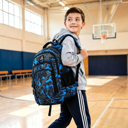 MYGOO Boys School Backpack Archibald Camo Blue Bookbag for Elementary Middle School Ages 5-12, 17 inch Large Capacity 24L Kids Student Travel Bags - color: Archibald Camo Blue
