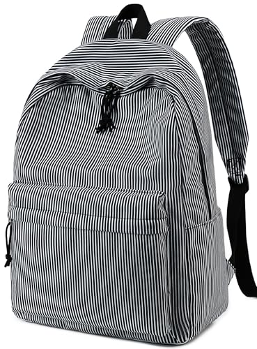 BTOOP School Backpack for Teens Large Corduroy Bookbag Lightweight 15.6 inch Laptop Bag for Girls Women Casual High School College - color: Black White Stripes