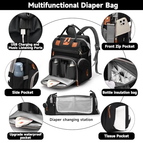 Baby Diaper Bags with Changing Station Multifunctional Waterproof Diaper Bag Backpack Travel Baby Bag with Changing Pad, Pacifier Case,Baby Essentials(Black) - color: Up-black