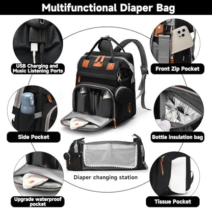 Baby Diaper Bags with Changing Station Multifunctional Waterproof Diaper Bag Backpack Travel Baby Bag with Changing Pad, Pacifier Case,Baby Essentials(Black) - color: Up-black
