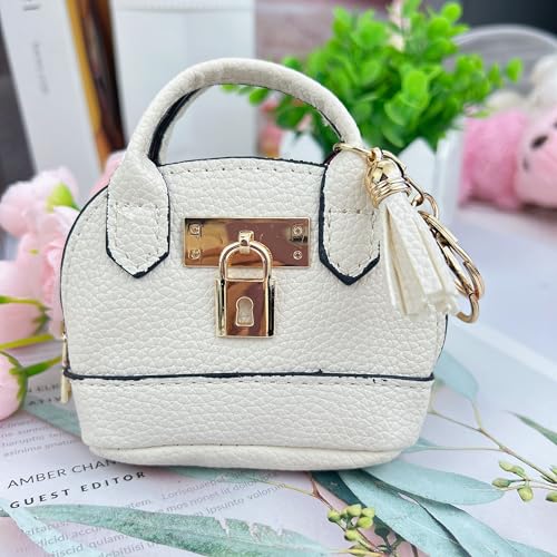 2 PCS Mini Coin Purse Keychain Mini Tote Bag Keychain PU Leather Little Cosmetic Bag for Women Key Lipstick Card Data Cable Organizer - color: Pink + White