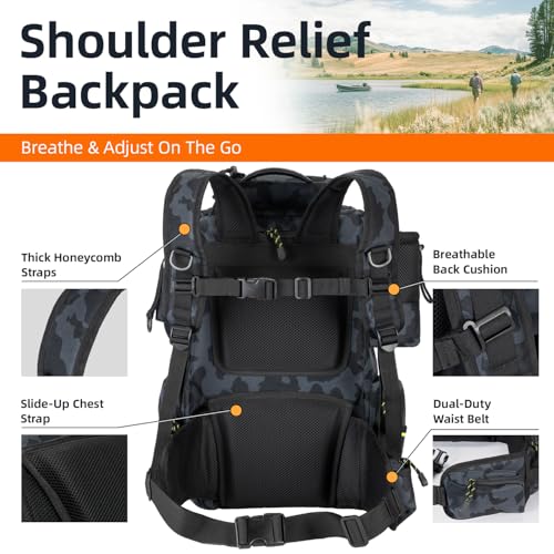 Ghosthorn Fishing Tackle Backpack with 4 3600 Tackle Boxes Rod Holder Outdoor 43L Large Bag with Detachable Wasit Bag Storage Gear and Equipment Waterproof - color: With 3600*4 Black Camouflage (43l)
