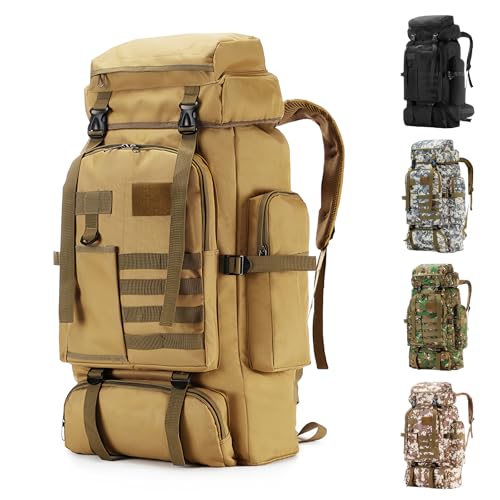 Hiking Backpack Tactical Backpack for Men Women, 80L Military Backpack Rucksack Waterproof Large Travel Camping Backpack for Men, Molle Rucksack Outdoor Sport Travel Cycling Daypack (Khaki) - color: Khaki