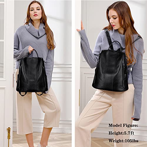 S-ZONE Leather Backpack Purses for Women Antitheft Rucksack Shoulder Bag Medium - color: Black