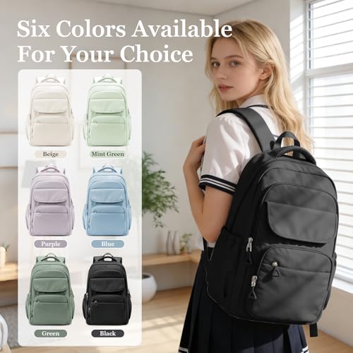 Cute Black School Backpack for Teens Girls Boys Waterproof School Bag Basic Backpack for College Students Multi Pocket Backpack Lightweight Casual Daypack Backpacks for Women Men - color: Black