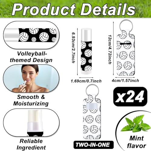 24 Sets Volleyball Party Favors Lip Balm and Lipstick Holder Keychain Bulk Sport Ball Team Gifts Natural Moisturizing Lip Balm Keychains Portable Pouch for Team Volleyball Sports Party Supplies - style: Volleyball