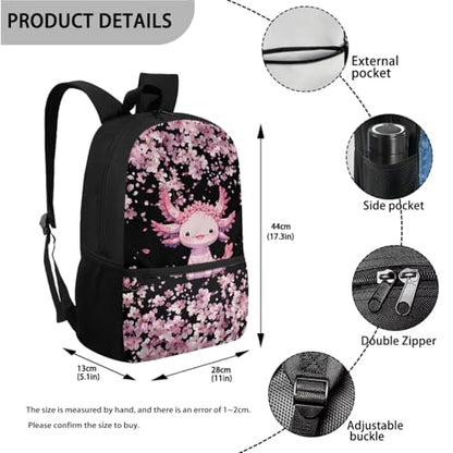 ZOUTAIRONG Casual Backpack and Small Water Bottle Cherry Blossom Axolotl School Bags for Girls 7-10/10-12/12-16, Large Capacity Lightweight Bookbag with Side Pockets - color: Cherry Blossom Axolotl