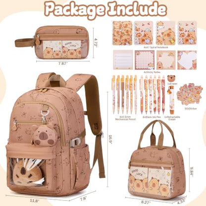 Capybara Theme Backpack for School Girls, 35PCS Kids Backpack Set with School Supplies Stationery Kit Lunch Box Pencil Case, Cute Girls Bookbag for Kindergarten Elementary Student - color: Brown