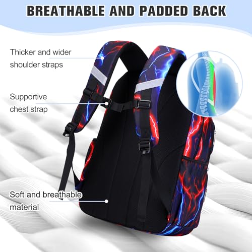 Bevalsa Backpack for Boys, Lightning School Bags with Lunch Bag & Pen Case for Kids, Bookbag for Boys Teens Elementary Middle High School - color: Red Blue