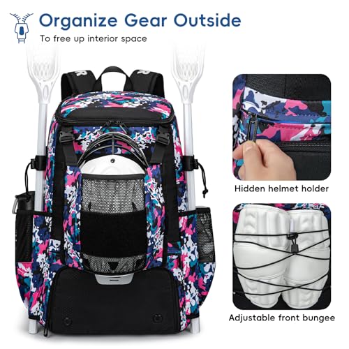 KAVIGOR Lacrosse Bag 65L, Extra Large Lacrosse Gear Backpack with Multi-Pocket Design, Helmet Holder & Ventilated Shoe Compartment - color: Camo Pink