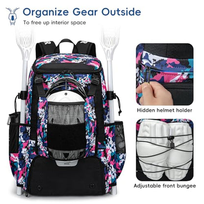 KAVIGOR Lacrosse Bag 65L, Extra Large Lacrosse Gear Backpack with Multi-Pocket Design, Helmet Holder & Ventilated Shoe Compartment - color: Camo Pink