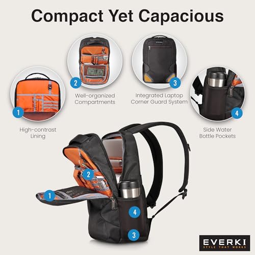 EVERKI Studio 14L Slim Laptop Backpack – Lightweight Business Travel Backpack for Men & Women with Padded Laptop Compartment, Corner Protection, Professional Backpack, Fits Laptops up to 15" – Black - size: 14 Liters