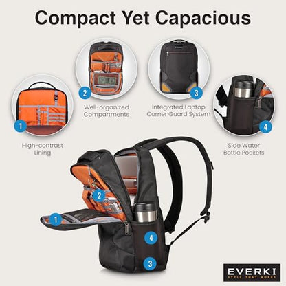 EVERKI Studio 14L Slim Laptop Backpack – Lightweight Business Travel Backpack for Men & Women with Padded Laptop Compartment, Corner Protection, Professional Backpack, Fits Laptops up to 15" – Black - size: 14 Liters